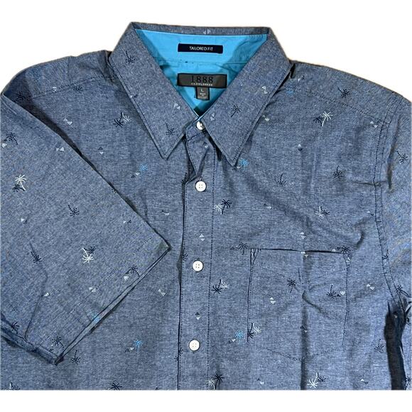 1888 Saddlebred Taylor Fit Blue Palm Tree Embroidery Short Sleeve Shirt Mens L - Picture 1 of 10